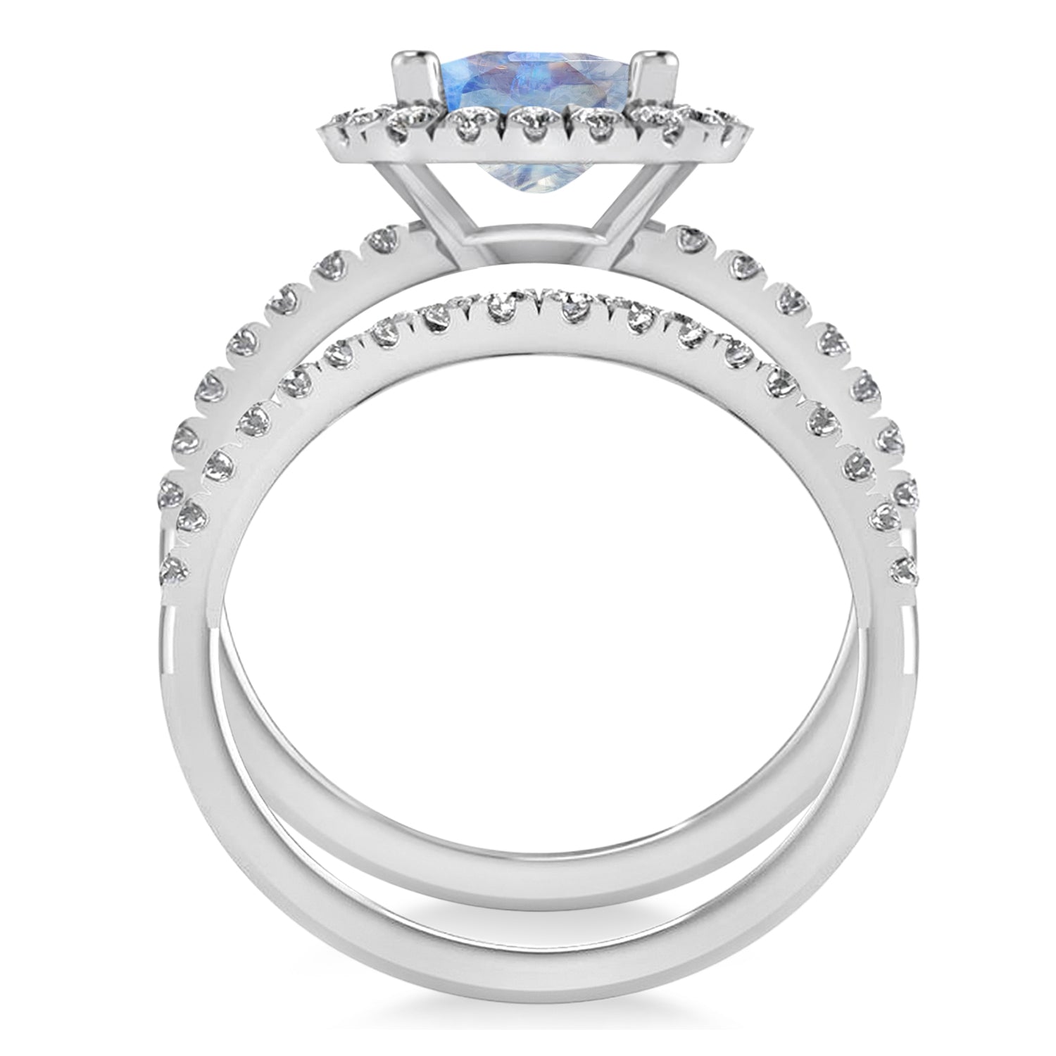 Diamond Halo & Cushion Cut Moonstone Ring Bridal Set in 14K White Gold (3.38ct) Front View