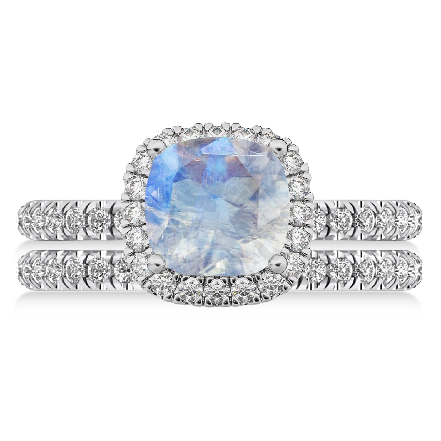 Diamond Halo & Cushion Cut Moonstone Ring Bridal Set in 14K White Gold (3.38ct) Flat View