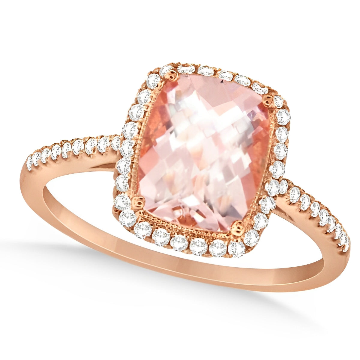 Diamond Halo & Cushion Cut Morganite Ring in 14k Rose Gold (2.00ct) Top View