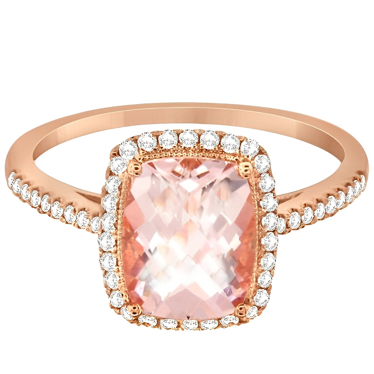Diamond Halo & Cushion Cut Morganite Ring in 14k Rose Gold (2.00ct) Front View