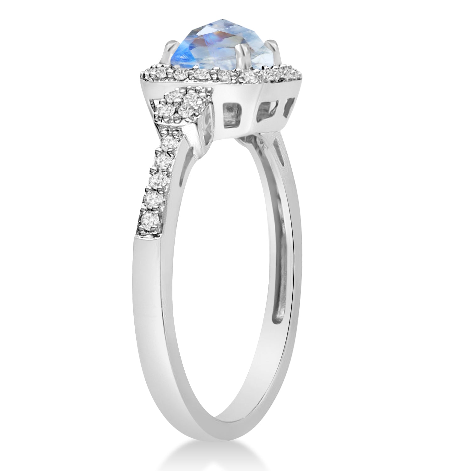 Diamond Halo & Moonstone Engagement Ring in 14k White Gold (1.01ct) Side View