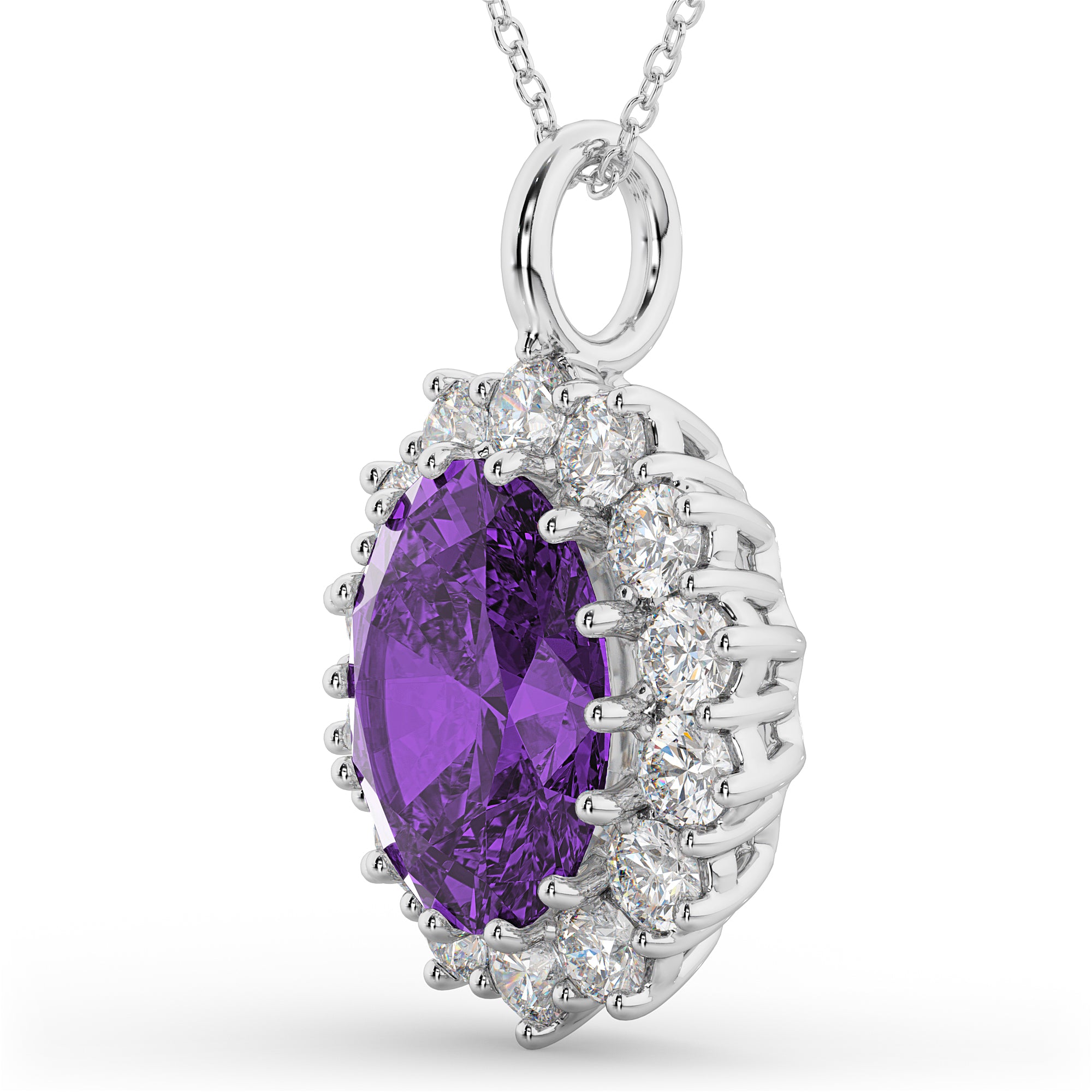 Diamond Halo & Oval Amethyst Necklace in 14k White Gold (6.40ct) Side View
