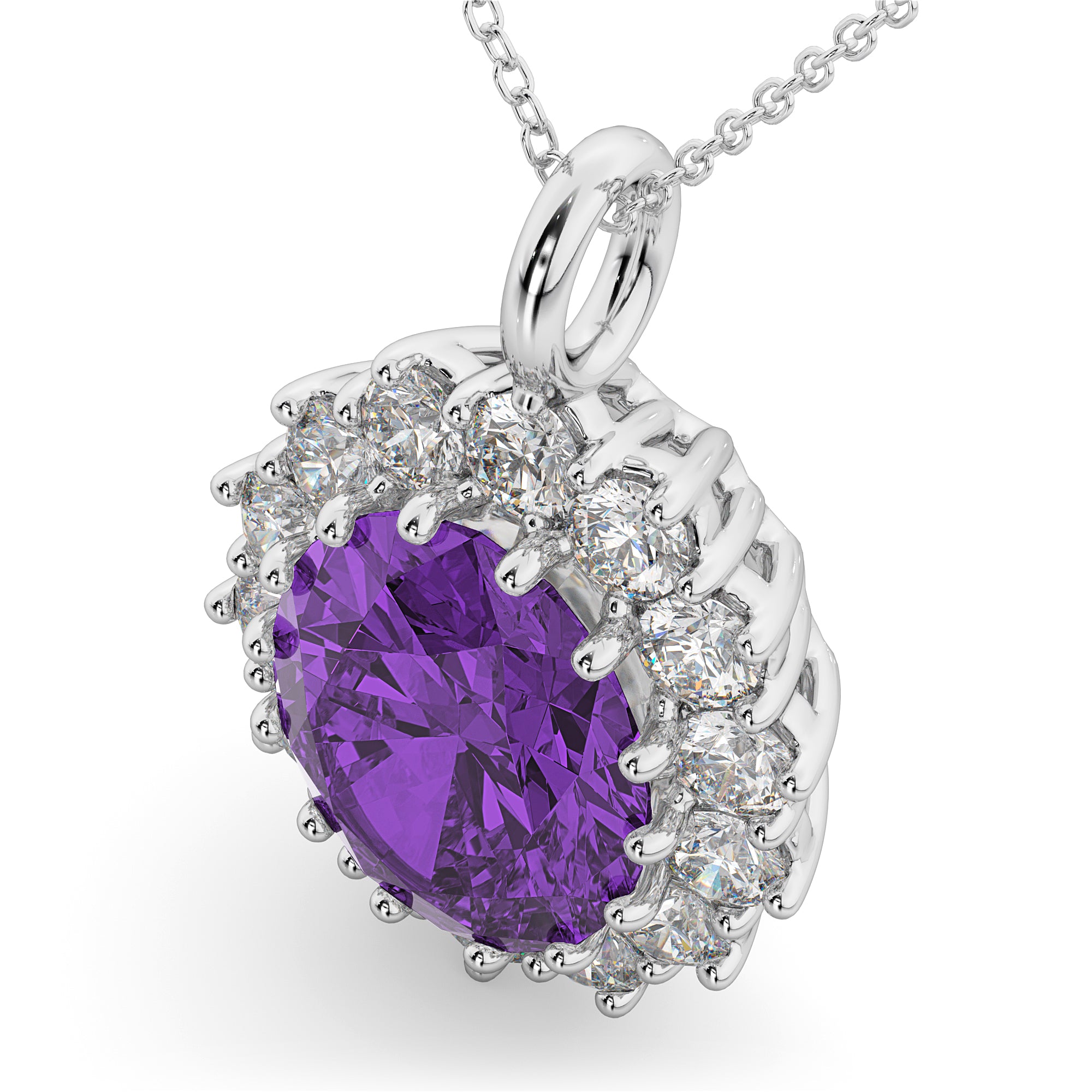 Diamond Halo & Oval Amethyst Necklace in 14k White Gold (6.40ct) Top View