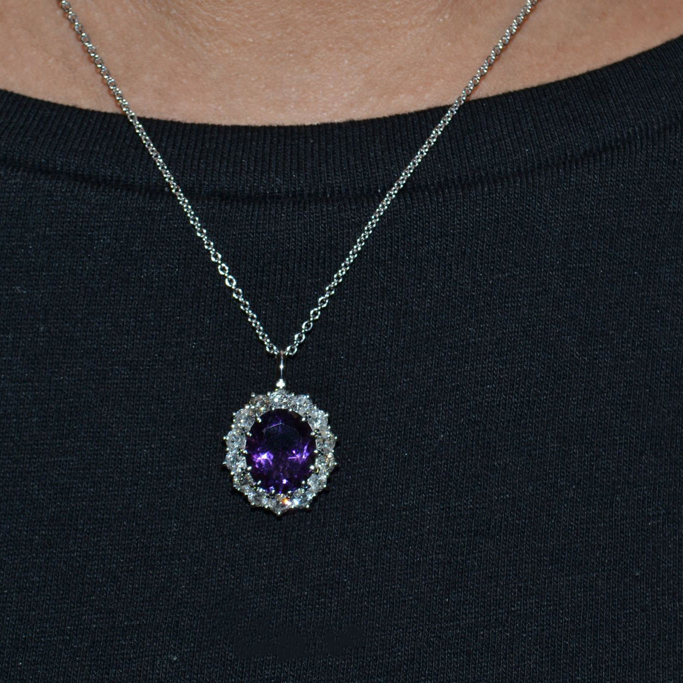 Diamond Halo & Oval Amethyst Necklace in 14k White Gold (6.40ct) when Worn