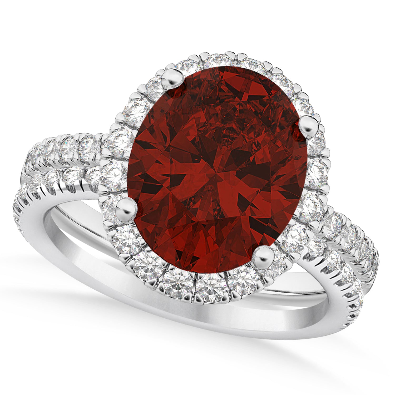 Diamond Halo & Oval Cut Garnet Bridal Ring Set in 14k White Gold (3.58ct) Top View