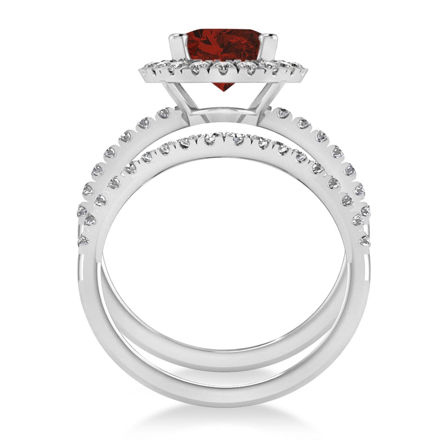Diamond Halo & Oval Cut Garnet Bridal Ring Set in 14k White Gold (3.58ct) Front View