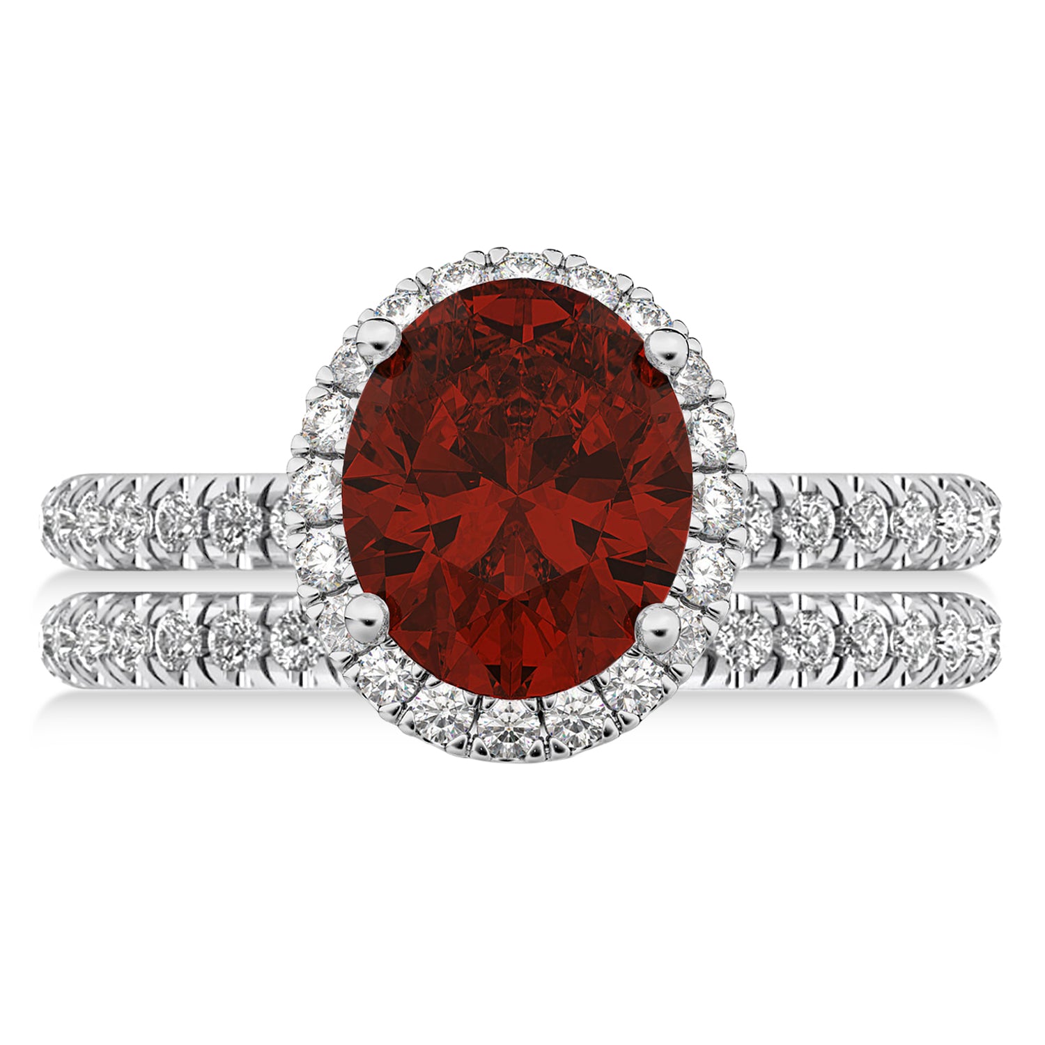 Diamond Halo & Oval Cut Garnet Bridal Ring Set in 14k White Gold (3.58ct) Flat View