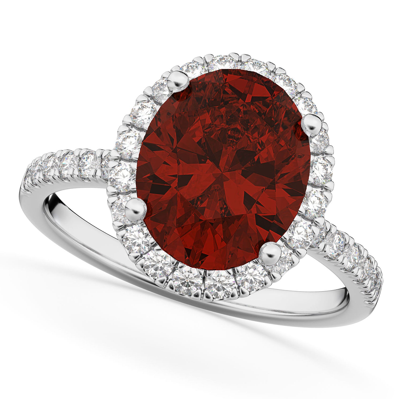 Diamond Halo & Oval Cut Garnet Bridal Ring Set in 14k White Gold (3.58ct) Top View 2