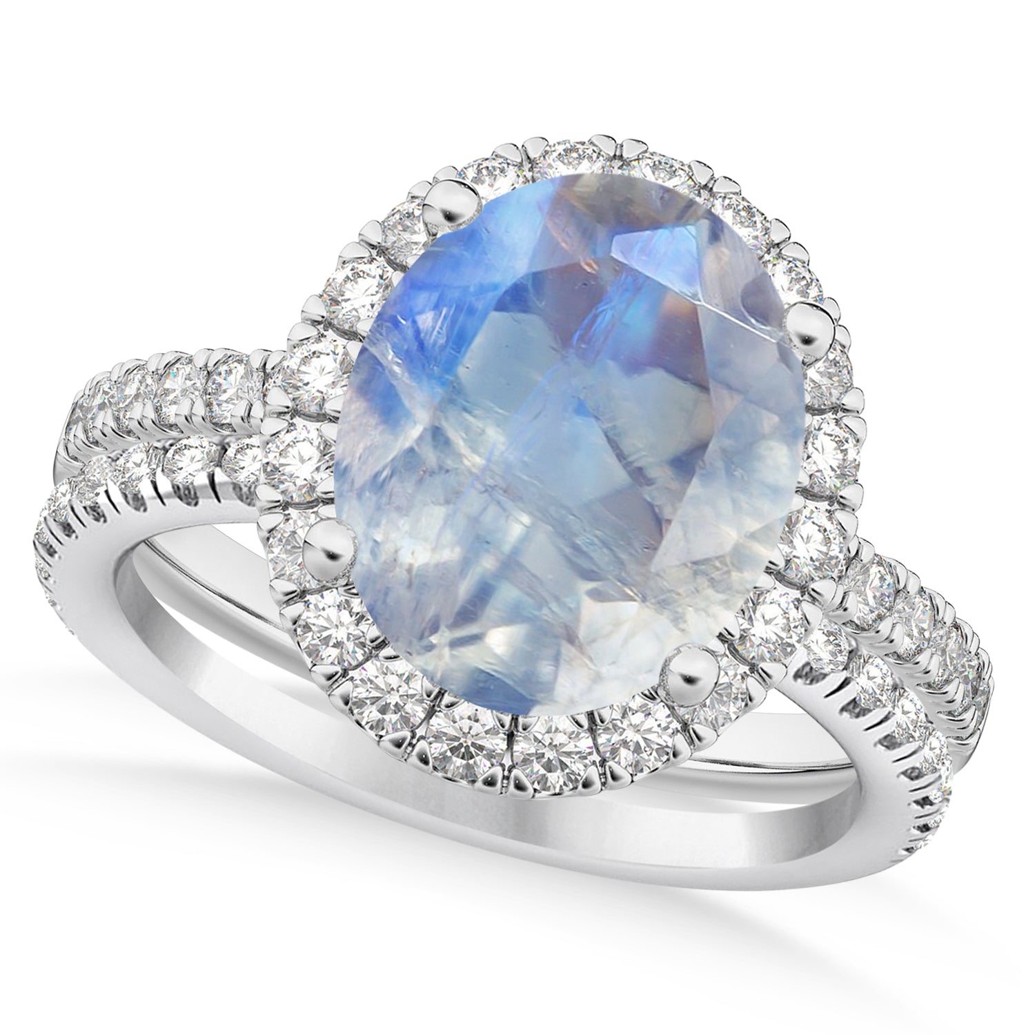 Diamond Halo & Oval Cut Moonstone Ring Bridal Set in 14K White Gold (3.58ct) Top View 2