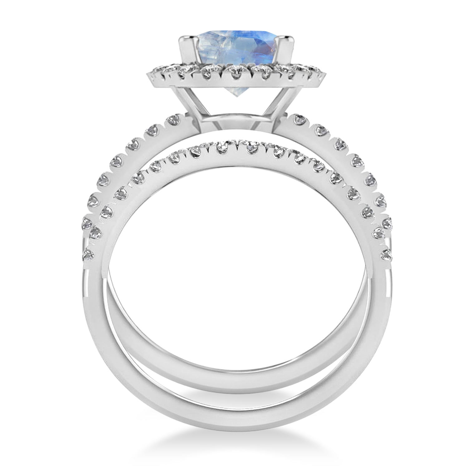 Diamond Halo & Oval Cut Moonstone Ring Bridal Set in 14K White Gold (3.58ct) Front View