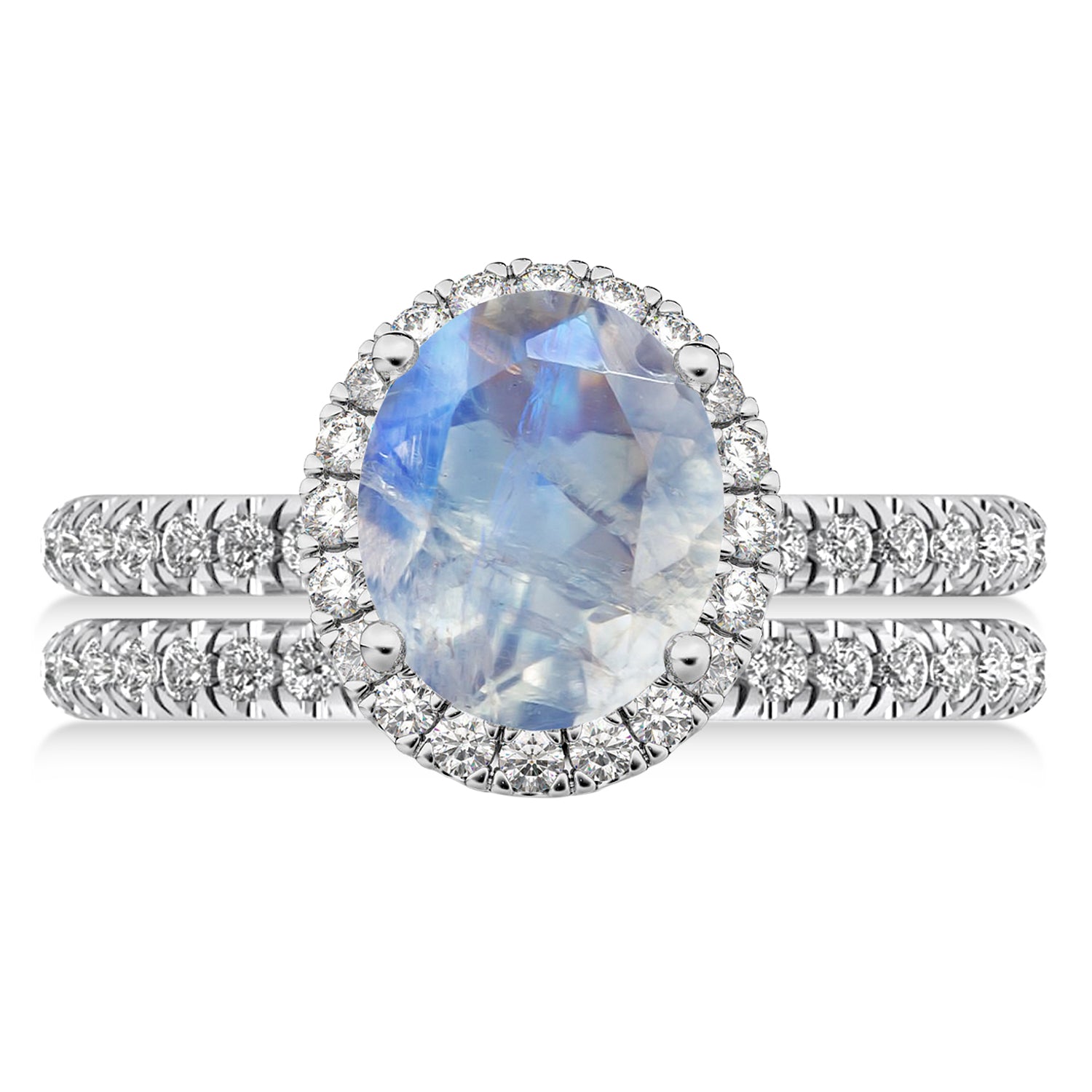 Diamond Halo & Oval Cut Moonstone Ring Bridal Set in 14K White Gold (3.58ct) Flat View