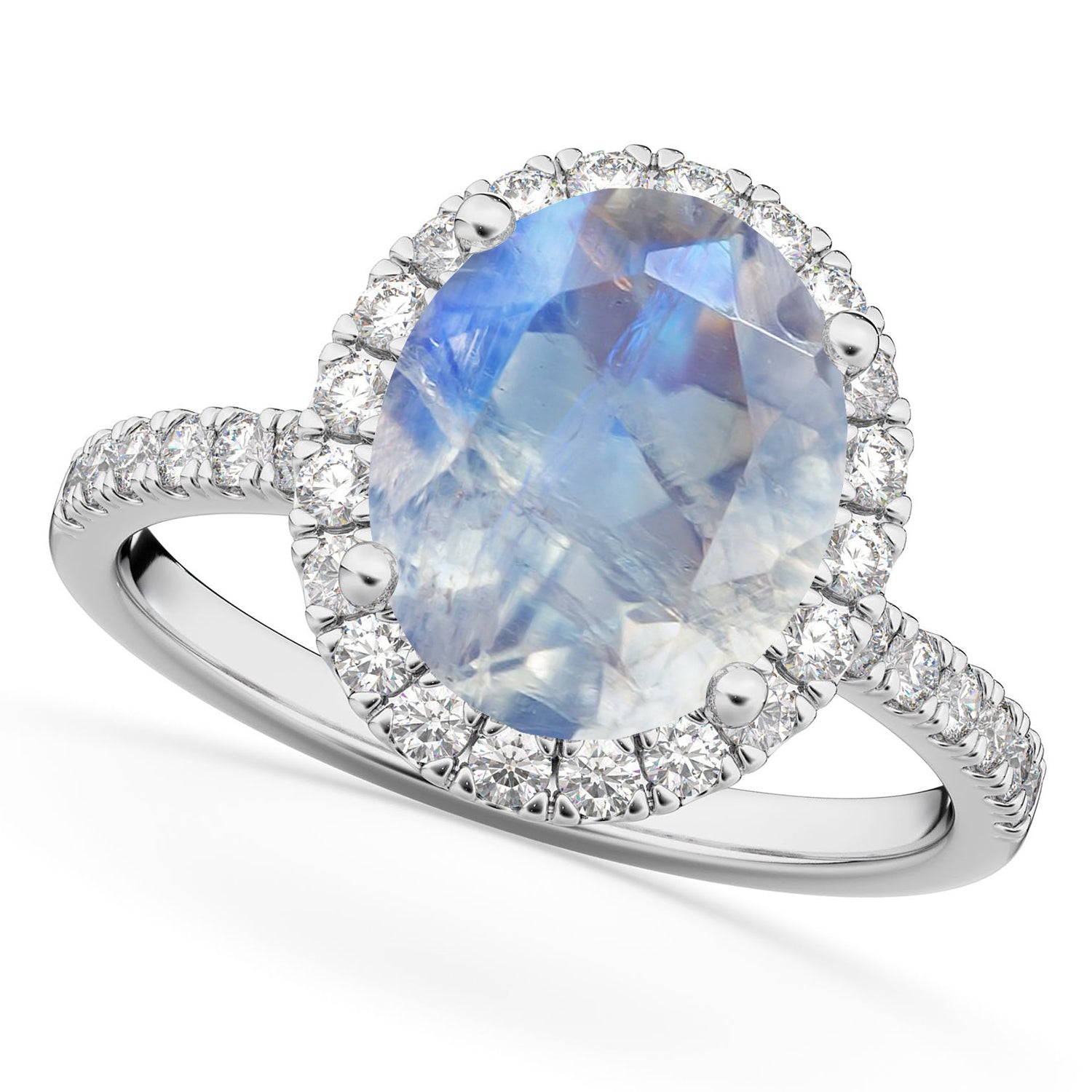 Diamond Halo & Oval Cut Moonstone Ring Bridal Set in 14K White Gold (3.58ct) Top View