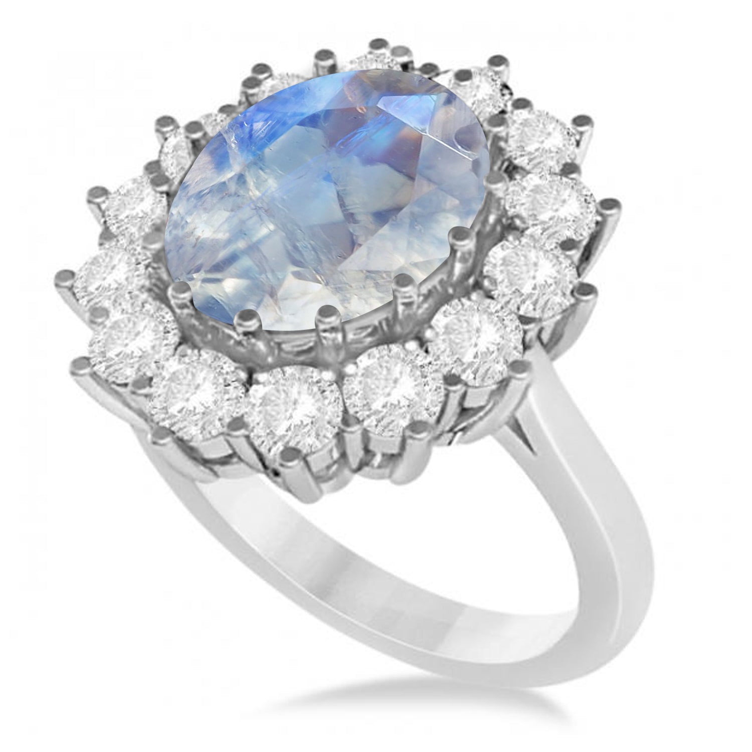 Diamond Halo & Oval Moonstone "Lady Di" Ring in 14k White Gold (5.40ctw) Top View