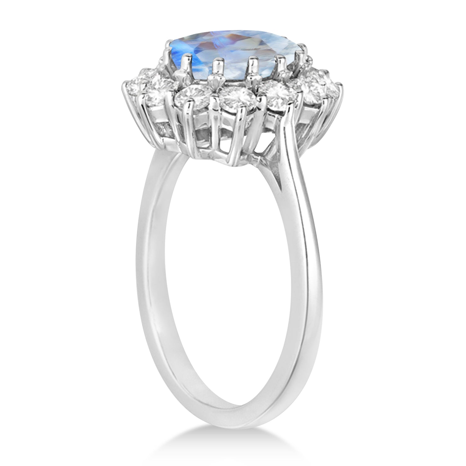Diamond Halo & Oval Moonstone "Lady Di" Ring in 14k White Gold (5.40ctw) Side View