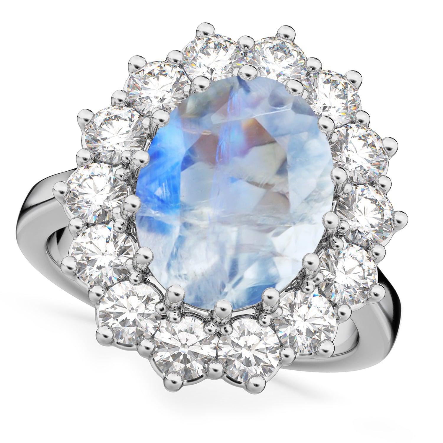 Diamond Halo & Oval Moonstone "Lady Di" Ring in 14k White Gold (6.40ct) Top View