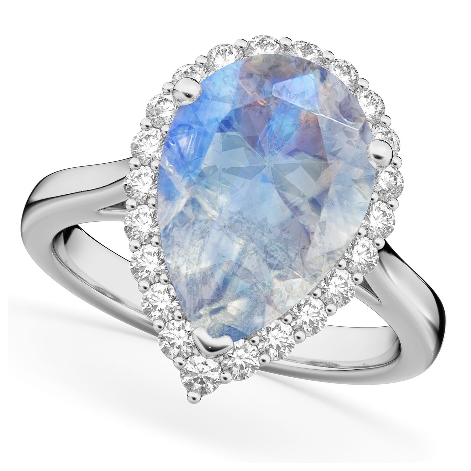 Diamond Halo & Pear Cut Moonstone Engagement Ring 14K White Gold (4.69ct) Top View