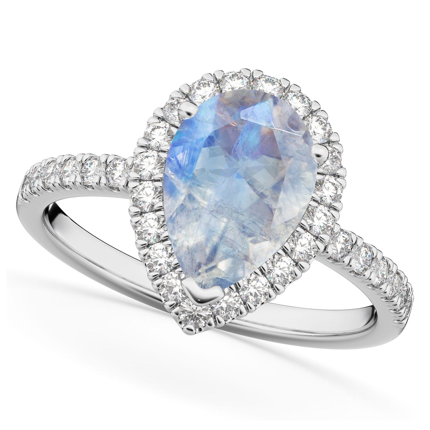 Diamond Halo & Pear Cut Moonstone Engagement Ring in 14K White Gold (2.51ct) Top View