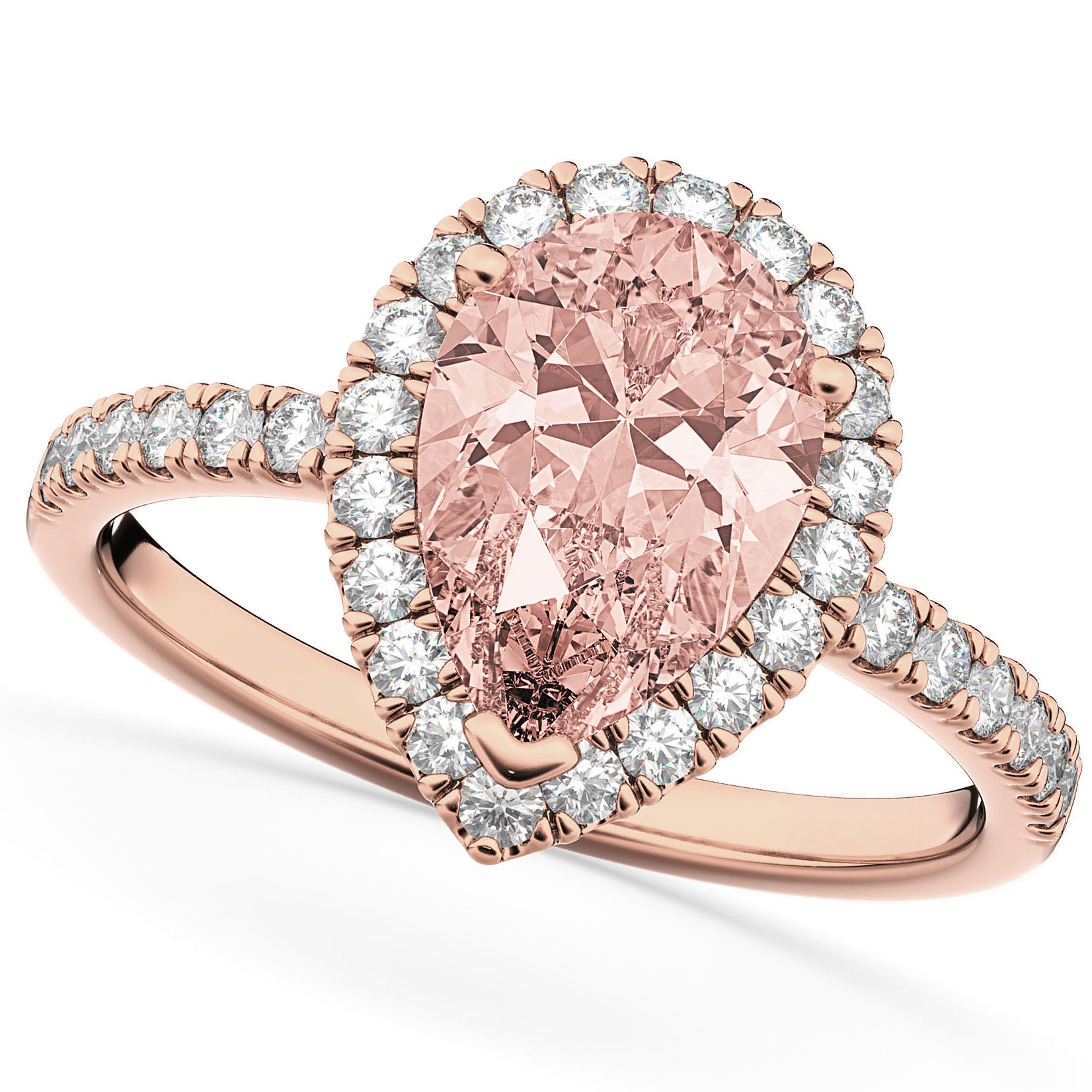Diamond Halo & Pear Cut Morganite Ring in 14k Rose Gold (2.51ct) Top View
