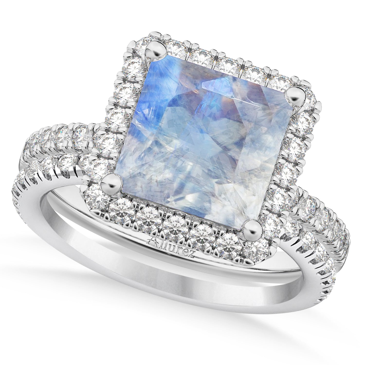 Diamond Halo & Princess Cut Moonstone Bridal Set in 14K White Gold (3.74ct) Top View