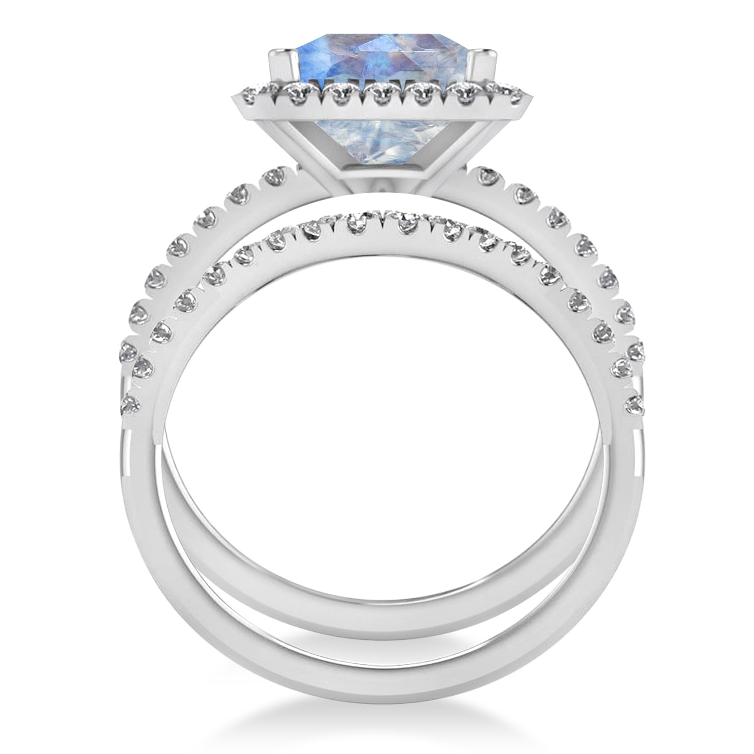 Diamond Halo & Princess Cut Moonstone Bridal Set in 14K White Gold (3.74ct) Front View