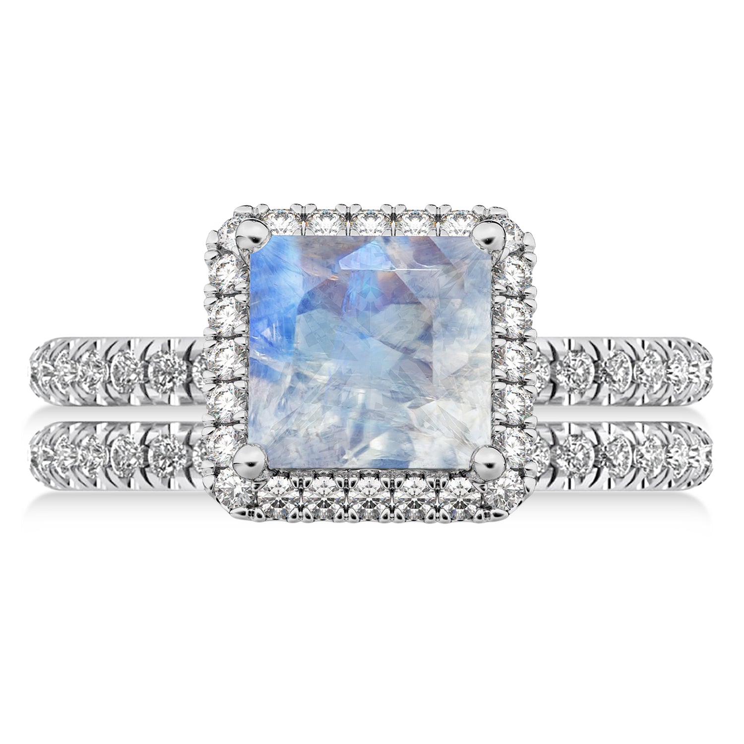 Diamond Halo & Princess Cut Moonstone Bridal Set in 14K White Gold (3.74ct) Flat View