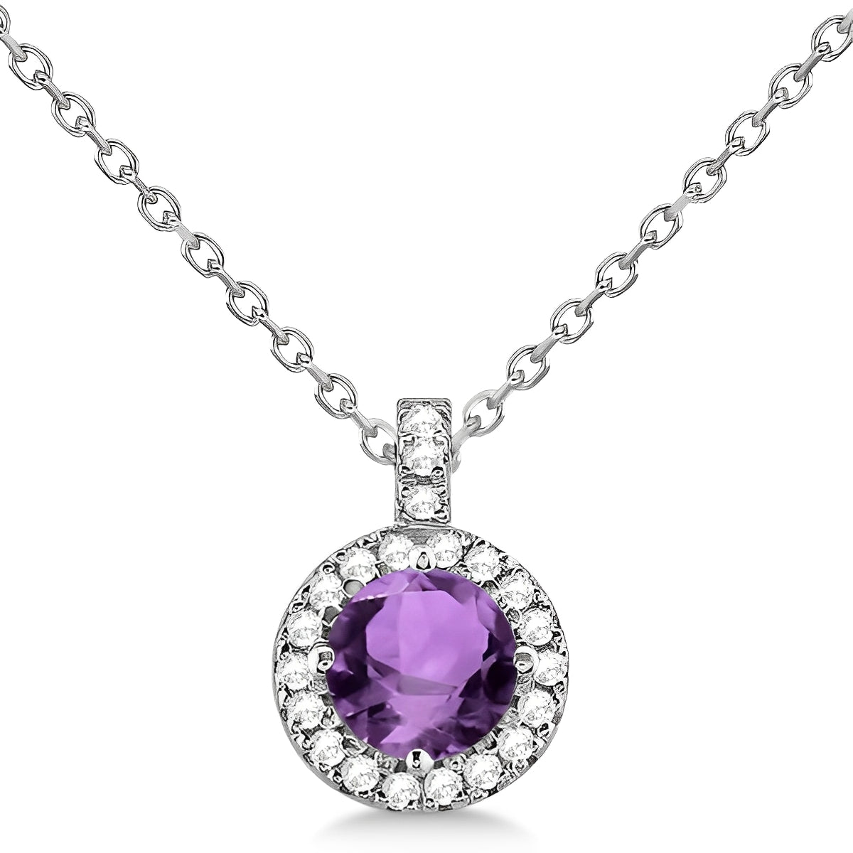 Diamond Halo & Round Amethyst Necklace in 14k White Gold (0.77ct) Front View