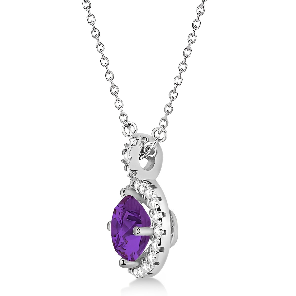 Diamond Halo & Round Amethyst Necklace in 14k White Gold (0.77ct) Side View