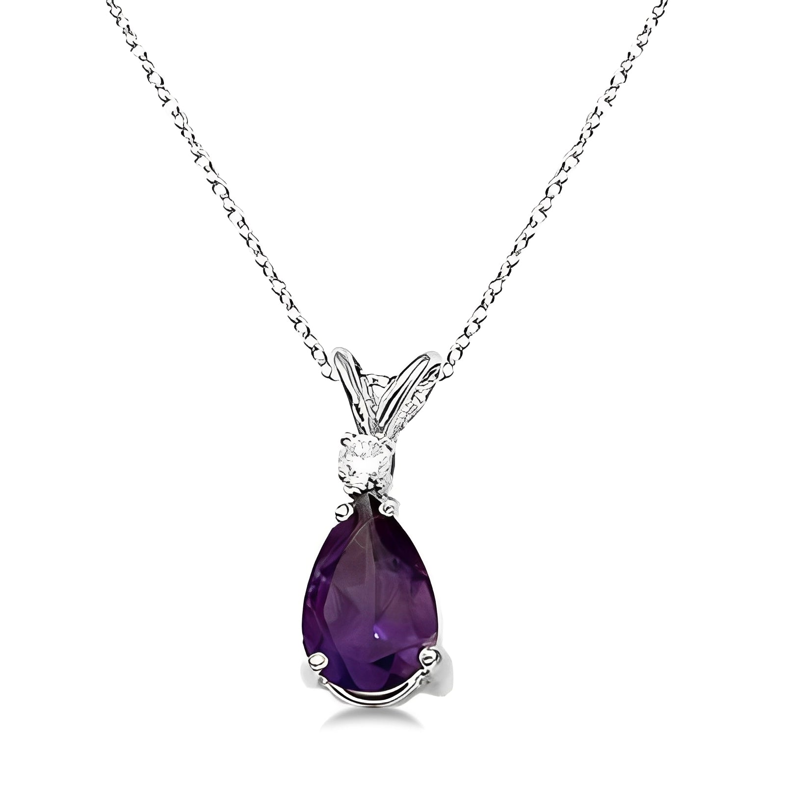 Diamond Solitaire & Amethyst Necklace in 14k White Gold Front View