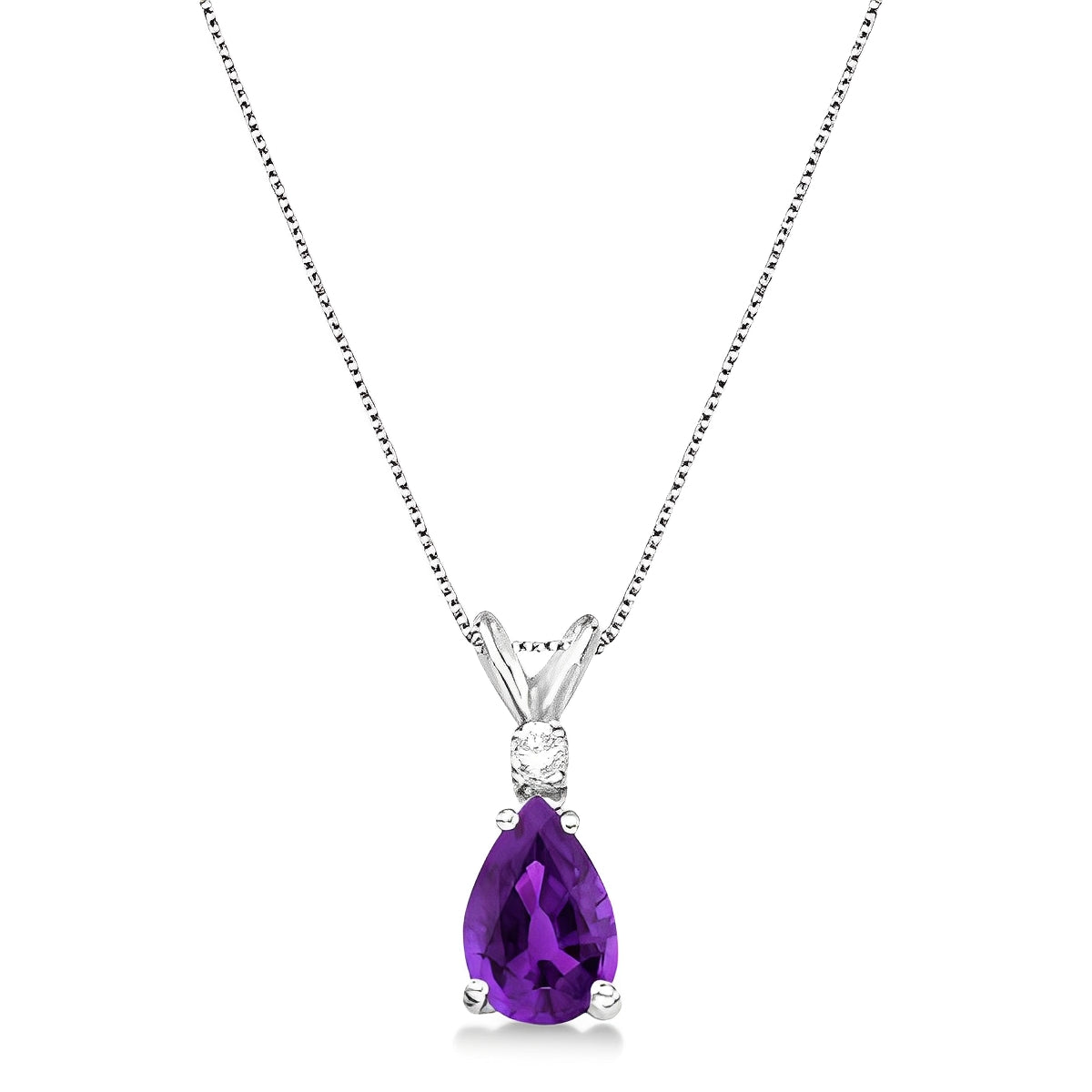 Diamond Solitaire & Pear Amethyst Necklace 14k White Gold (0.75ct) Front View