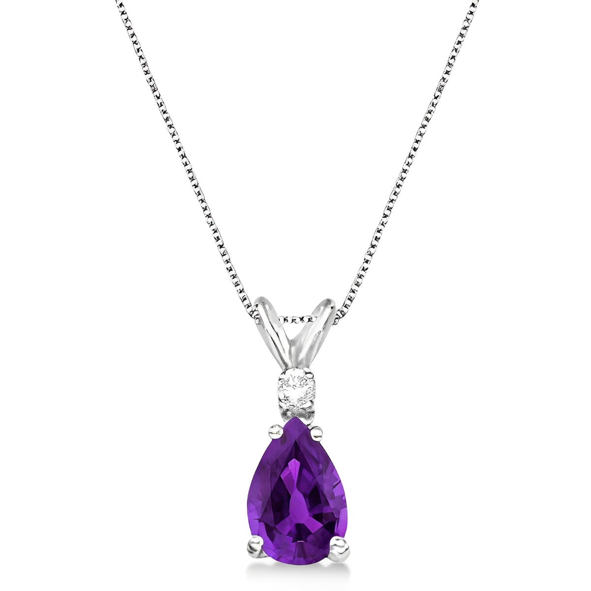 Diamond Solitaire & Pear Amethyst Necklace 14k White Gold (0.75ct) Front View 2