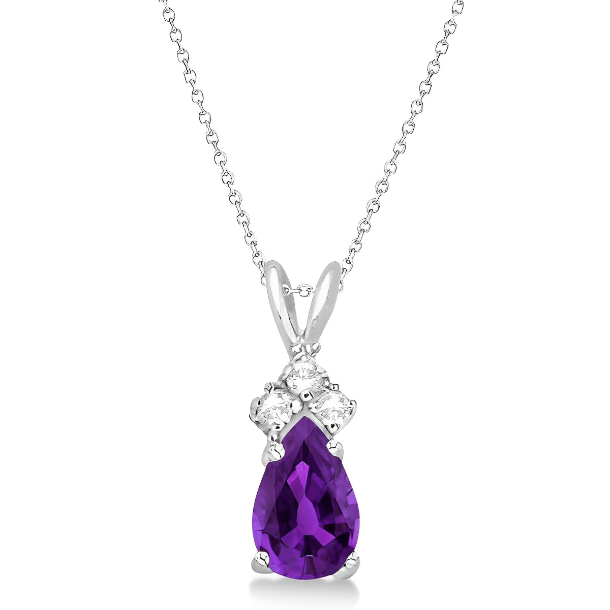 Diamond Solitaire & Pear Cut Amethyst Necklace in 14k White Gold (0.75ct) Front View