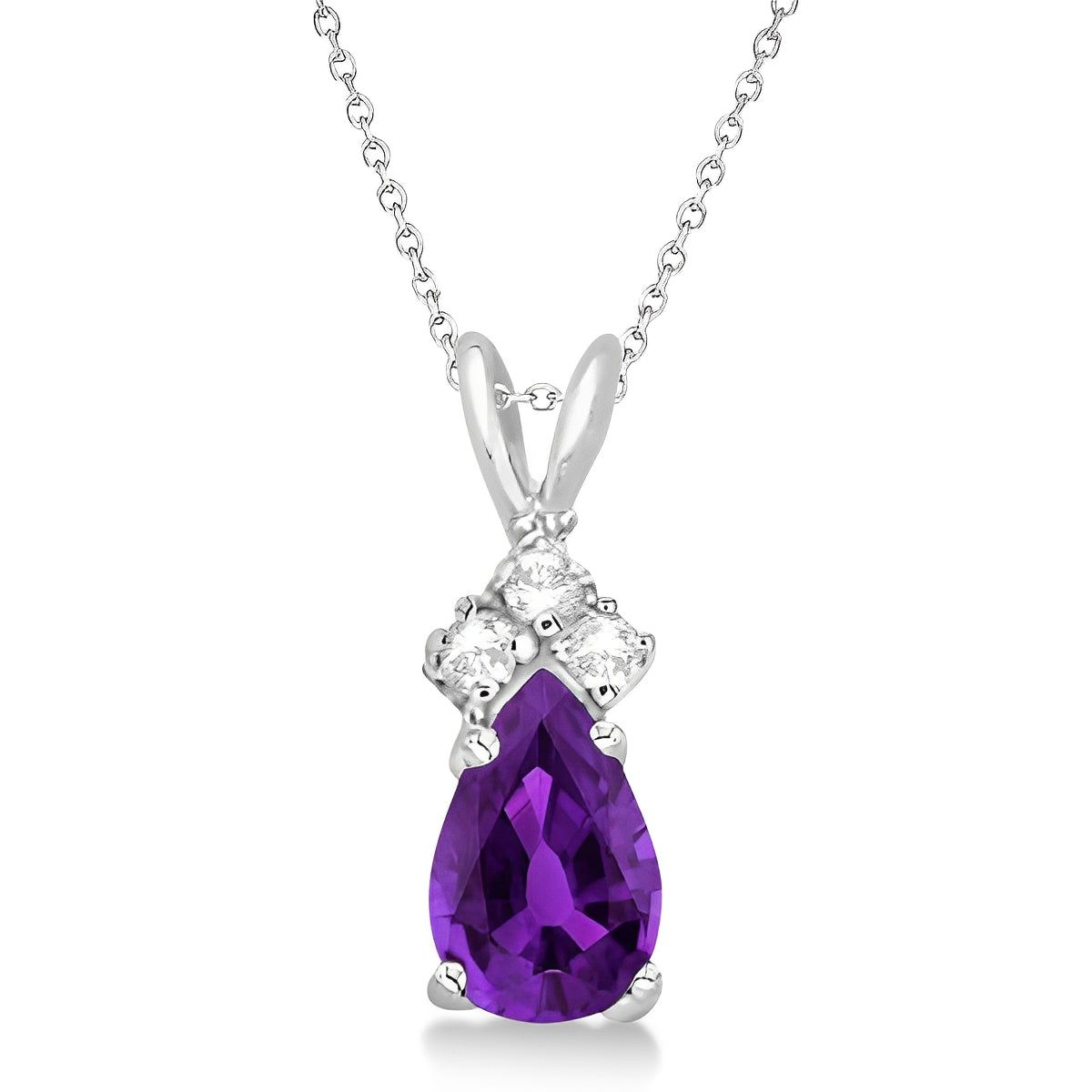 Diamond Solitaire & Pear Cut Amethyst Necklace in 14k White Gold (0.75ct) Front View 2