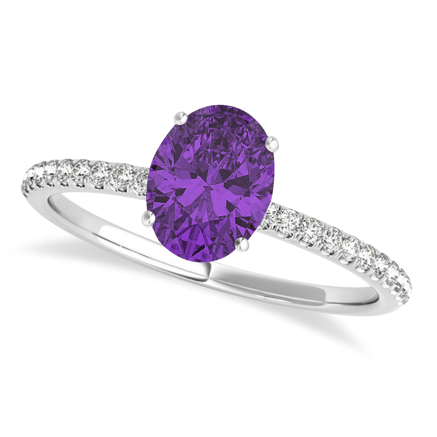 Diamond Accented Oval Amethyst Engagement Ring in 14k White Gold Top View