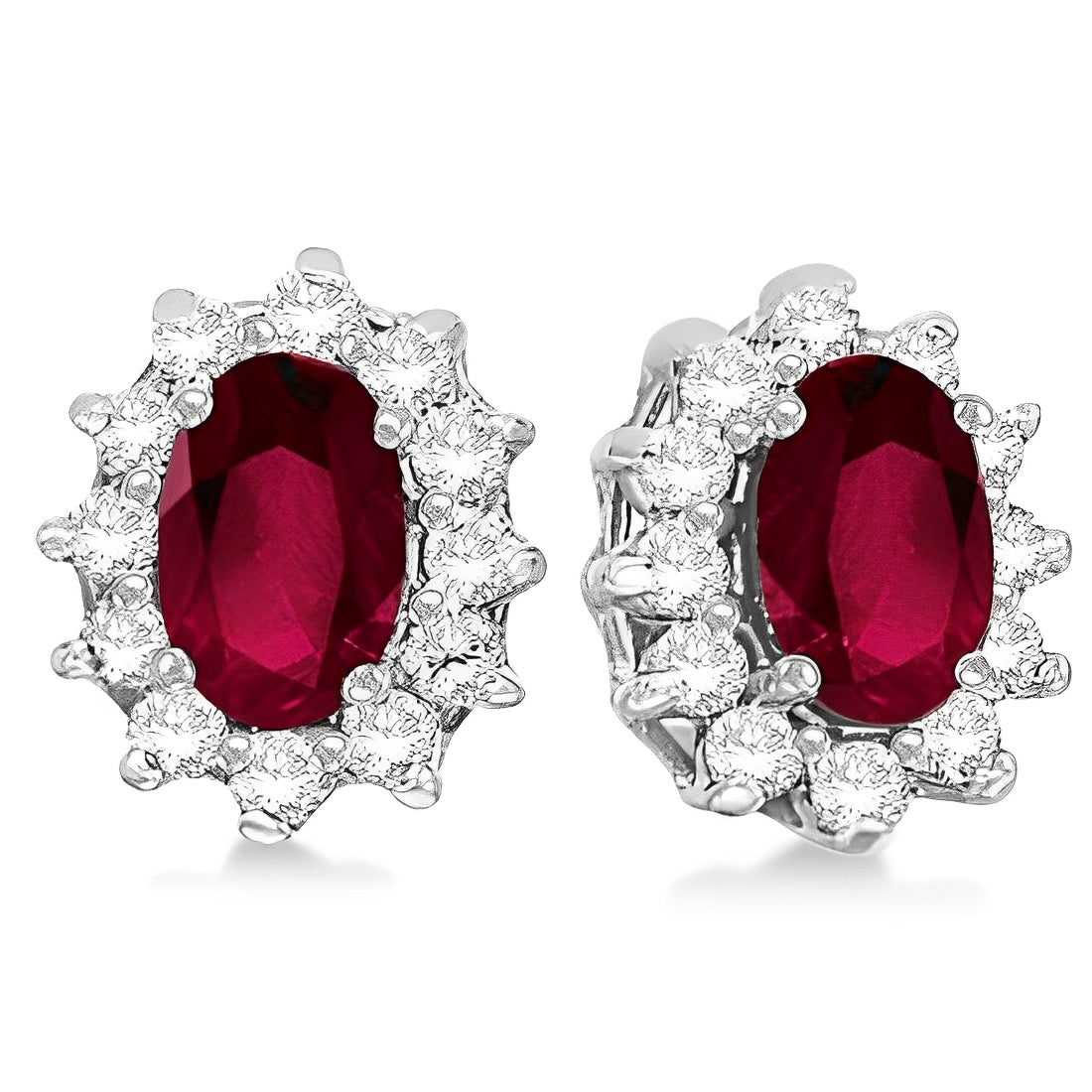 Diamond Accented Oval Ruby Earrings 14k White Gold Front Side View