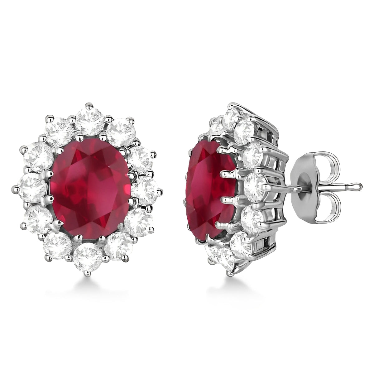 Diamond Accented Oval Ruby Earrings 14k White Gold Front Side View 2