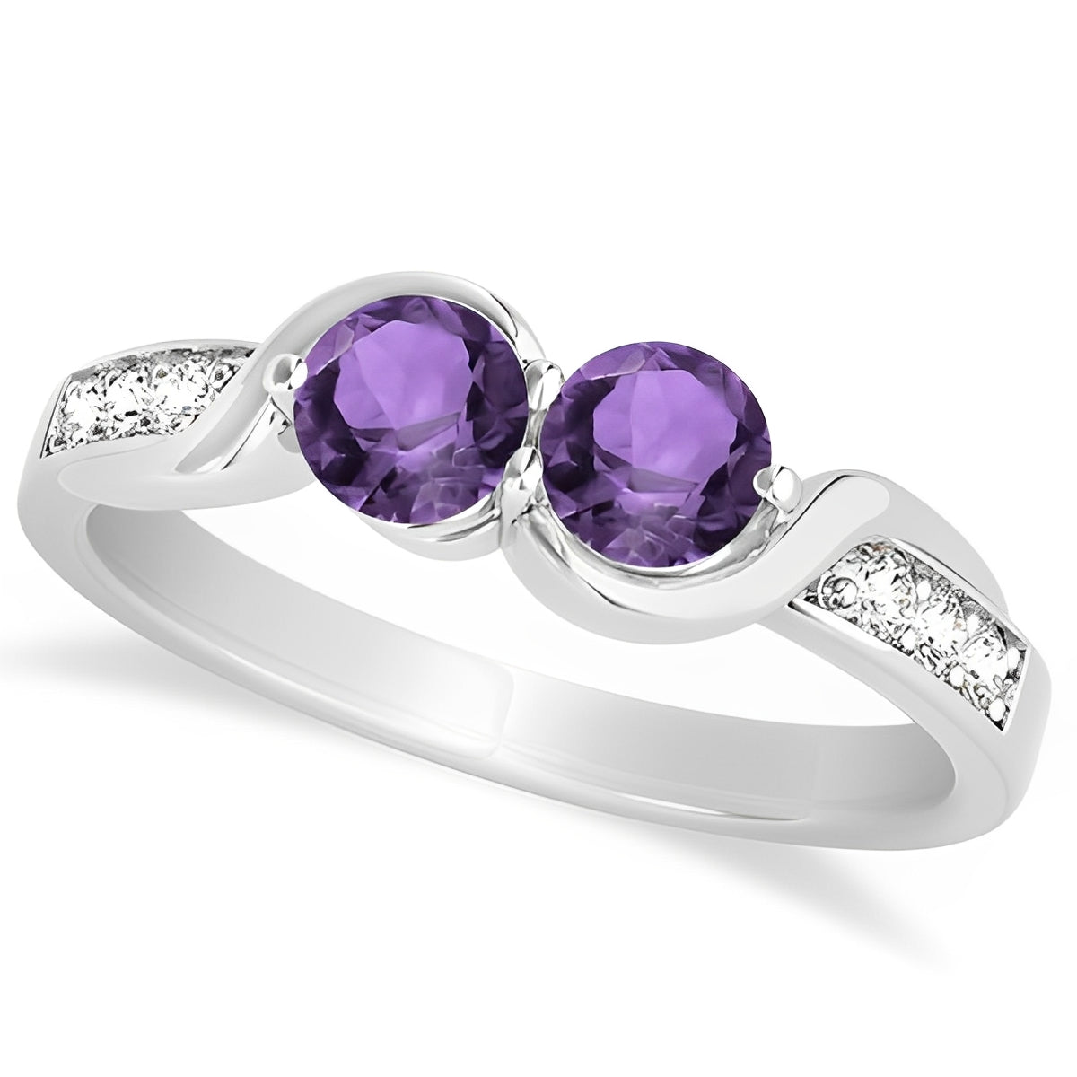 Diamond Accented Twisted Two Stone Amethyst Ring in 14k White Gold (1.13ct) Top View