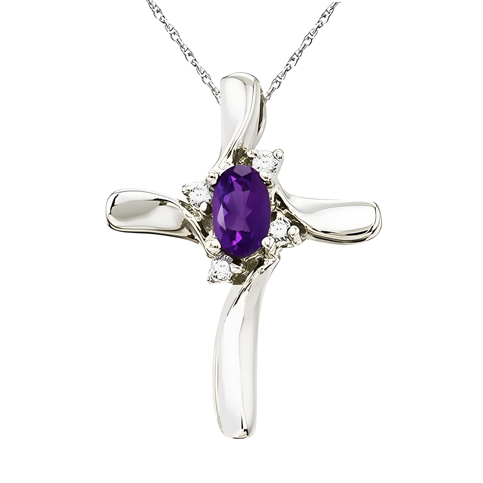 Diamond & Amethyst Cross Necklace in 14k White Gold (0.50ct) Front View