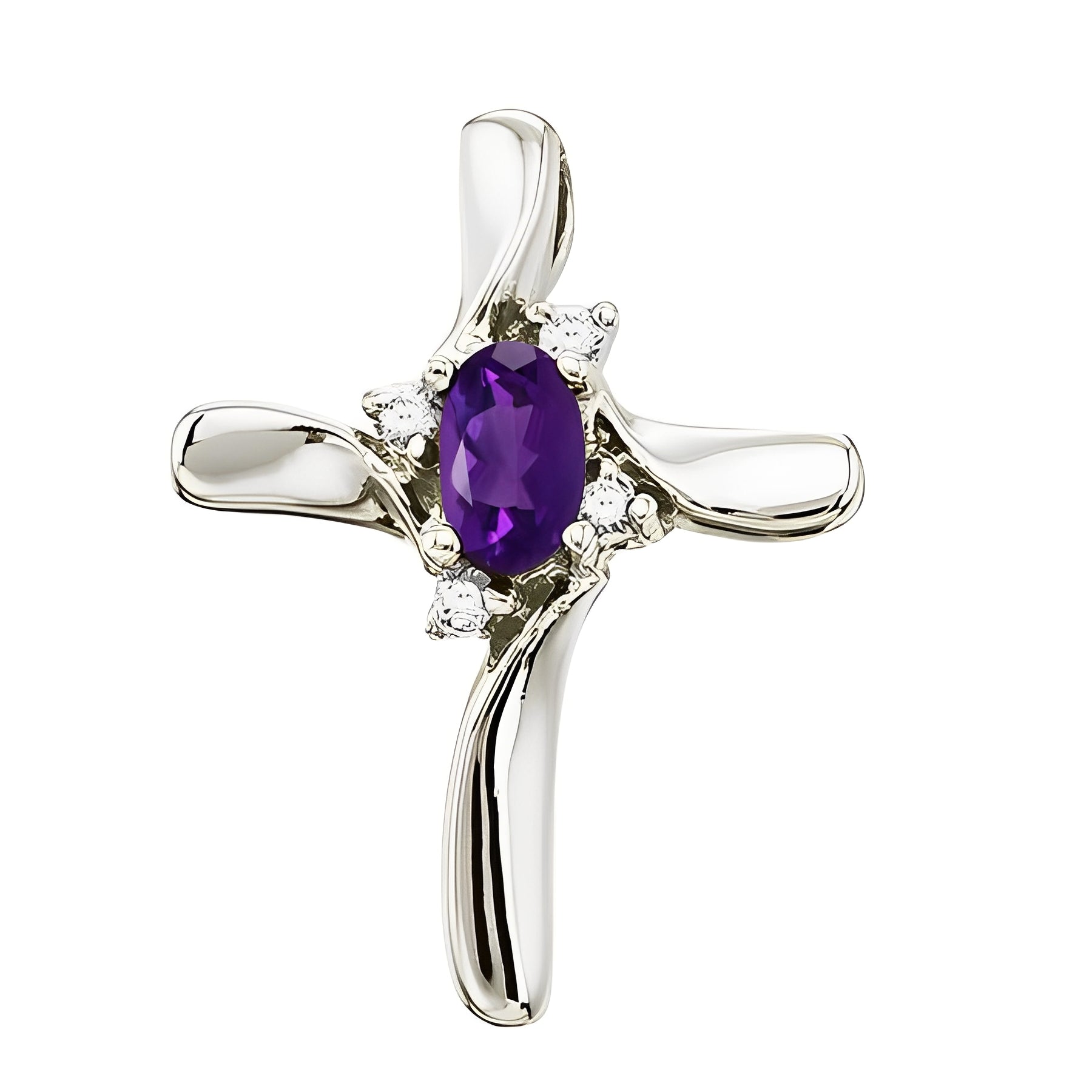 Diamond & Amethyst Cross Necklace in 14k White Gold (0.50ct) Front View 2