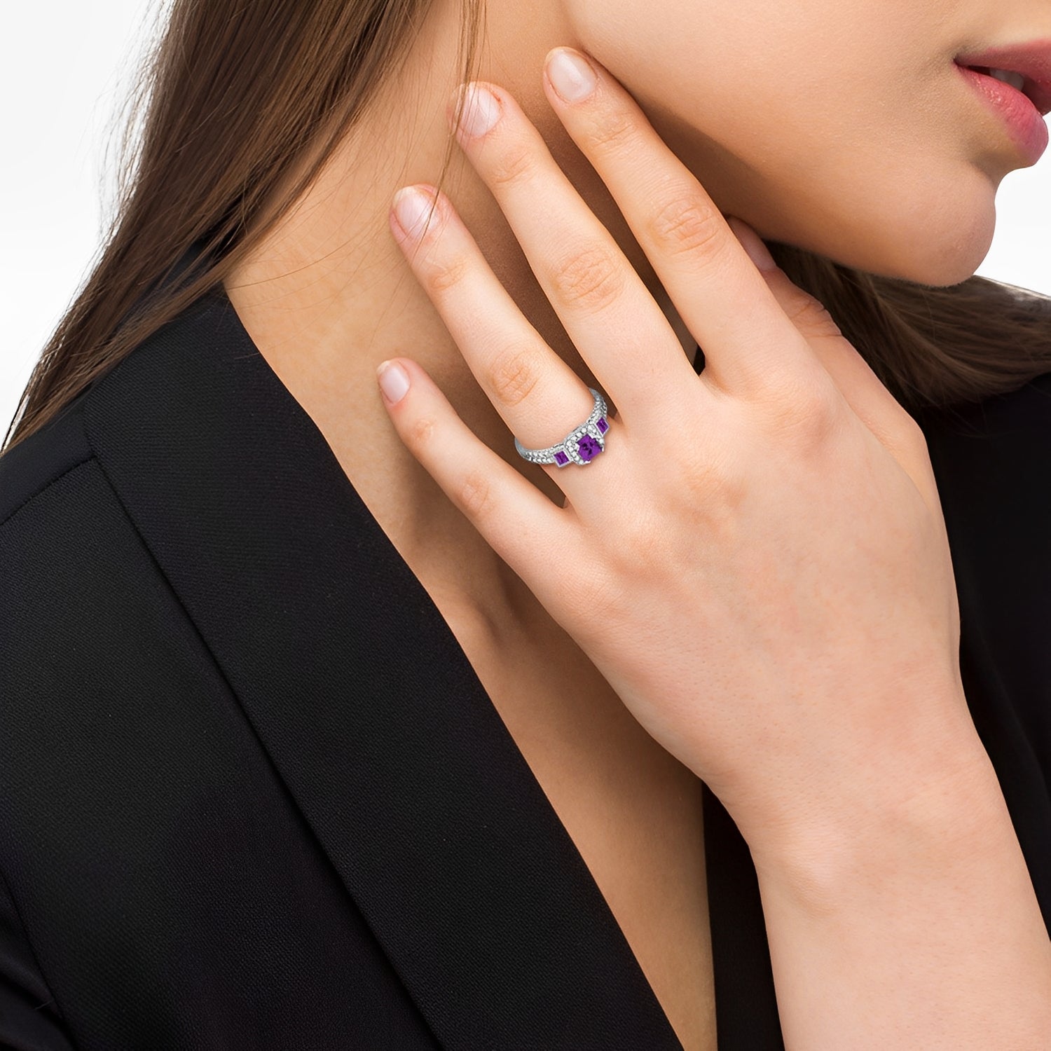 Diamond & Amethyst Engagement Ring in 14k White Gold (1.35ct) on Woman