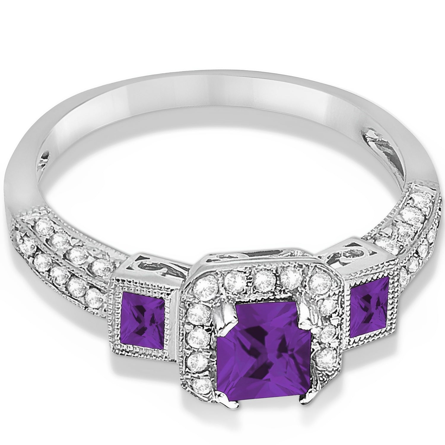 Diamond & Amethyst Engagement Ring in 14k White Gold (1.35ct) Flat View