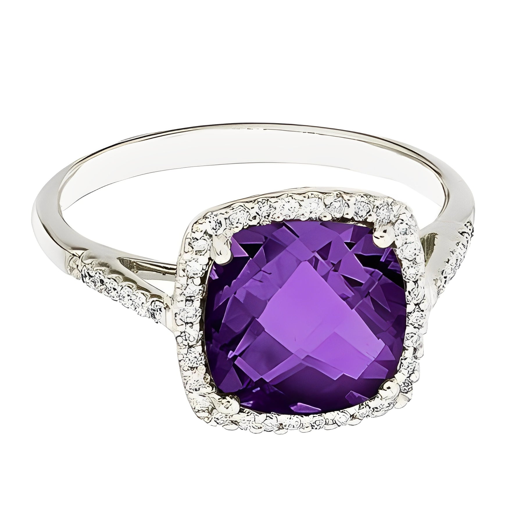 Diamond & Cushion-Cut Amethyst Cocktail Ring 14k White Gold (3.70ct) Flat View