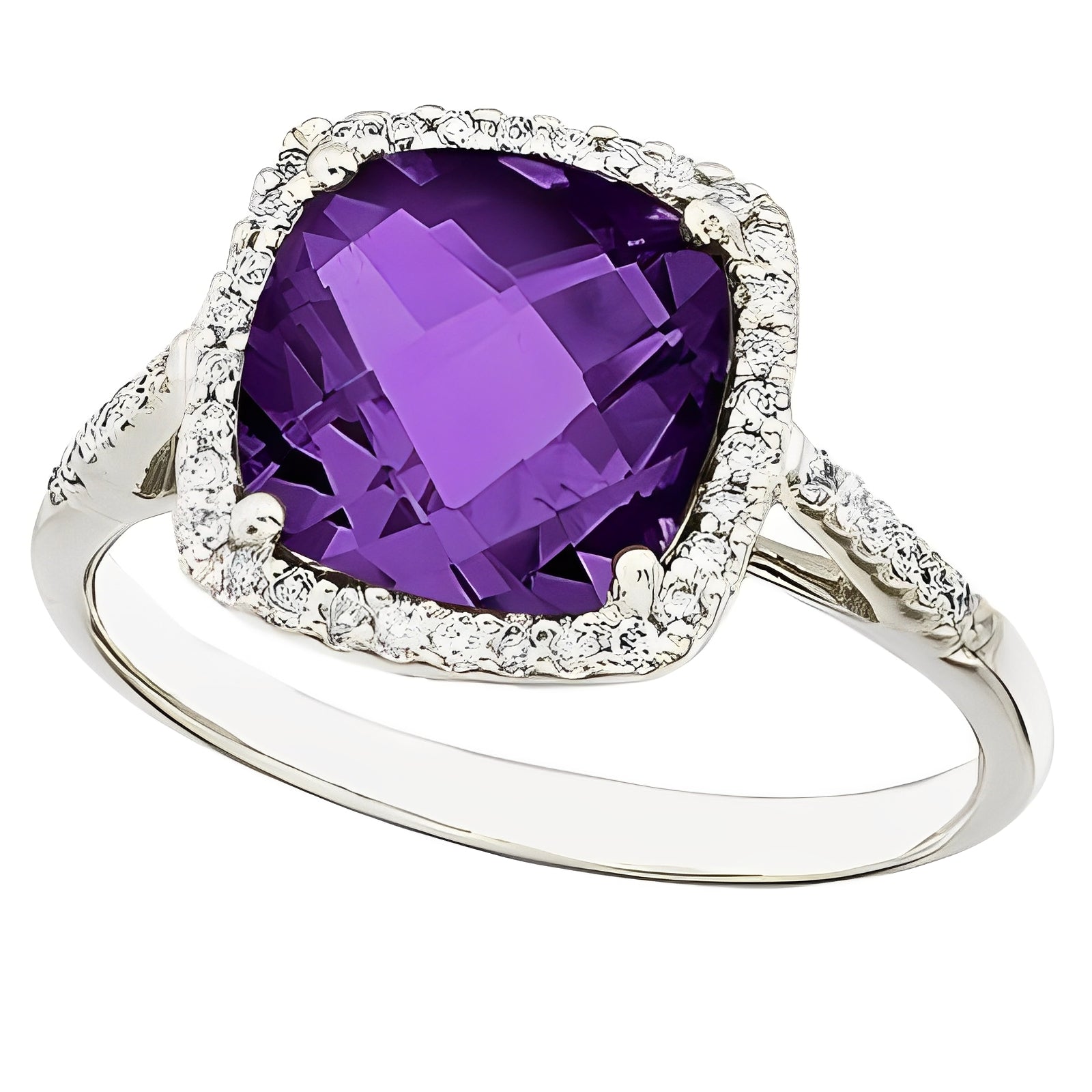 Diamond & Cushion-Cut Amethyst Cocktail Ring 14k White Gold (3.70ct) Top View