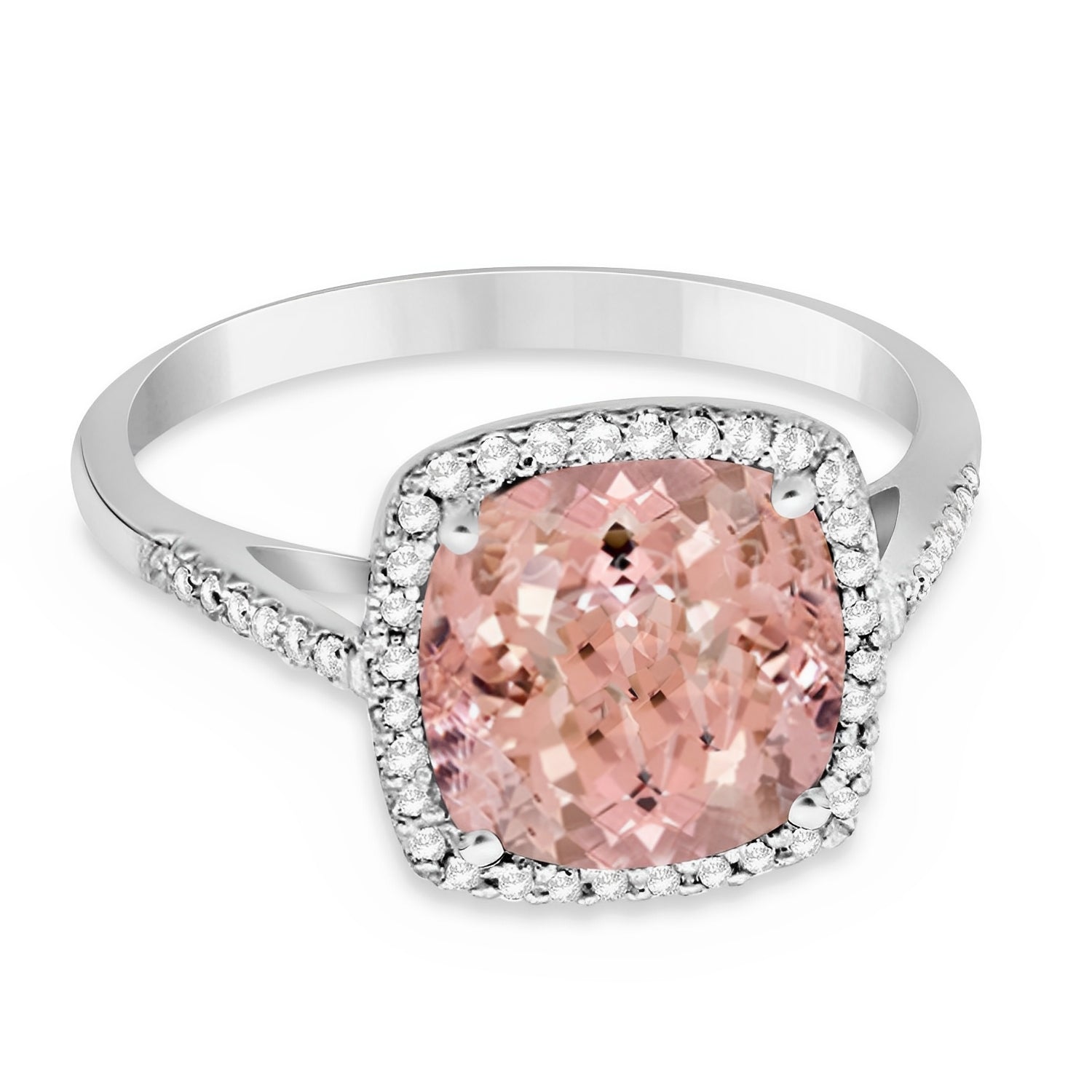 Diamond & Cushion-Cut Morganite Ring in 14k White Gold (3.70ctw) Flat View