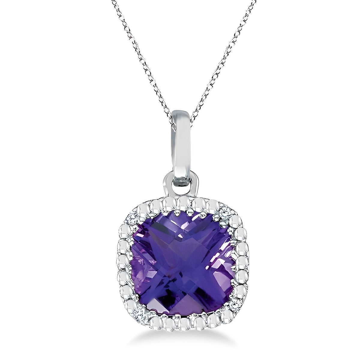 Diamond & Cushion Cut Amethyst Necklace in 14K White Gold (7mm) Front View