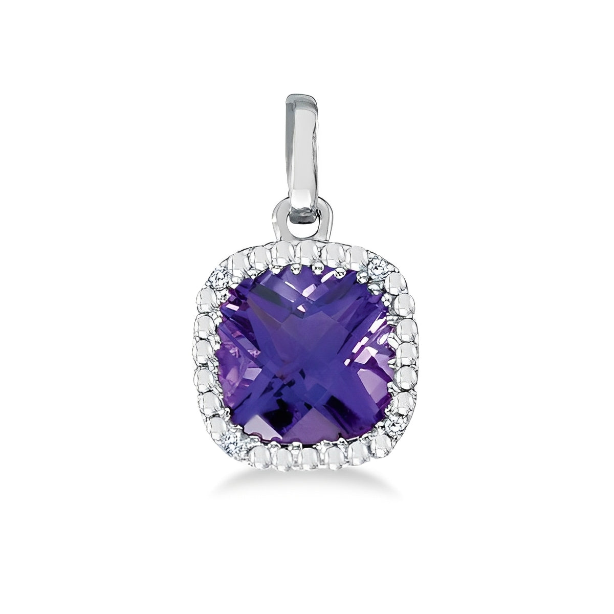 Diamond & Cushion Cut Amethyst Necklace in 14K White Gold (7mm) Front View 2