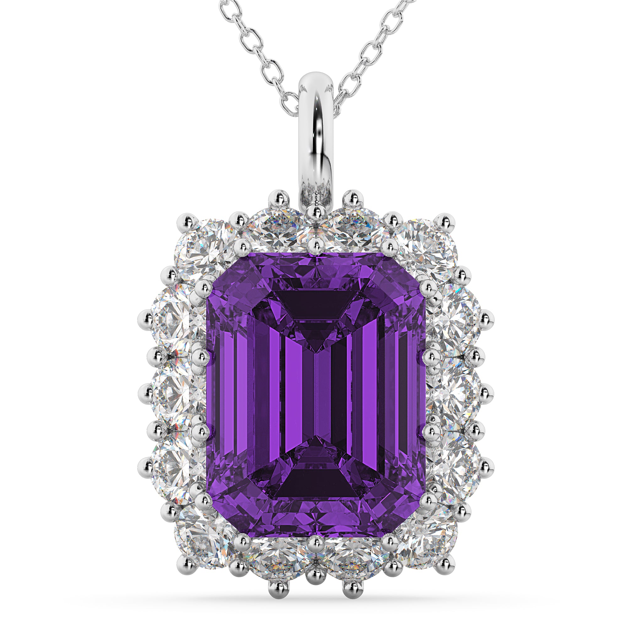 Diamond & Emerald Cut Amethyst Necklace in 14k White Gold (5.68ct) Front View