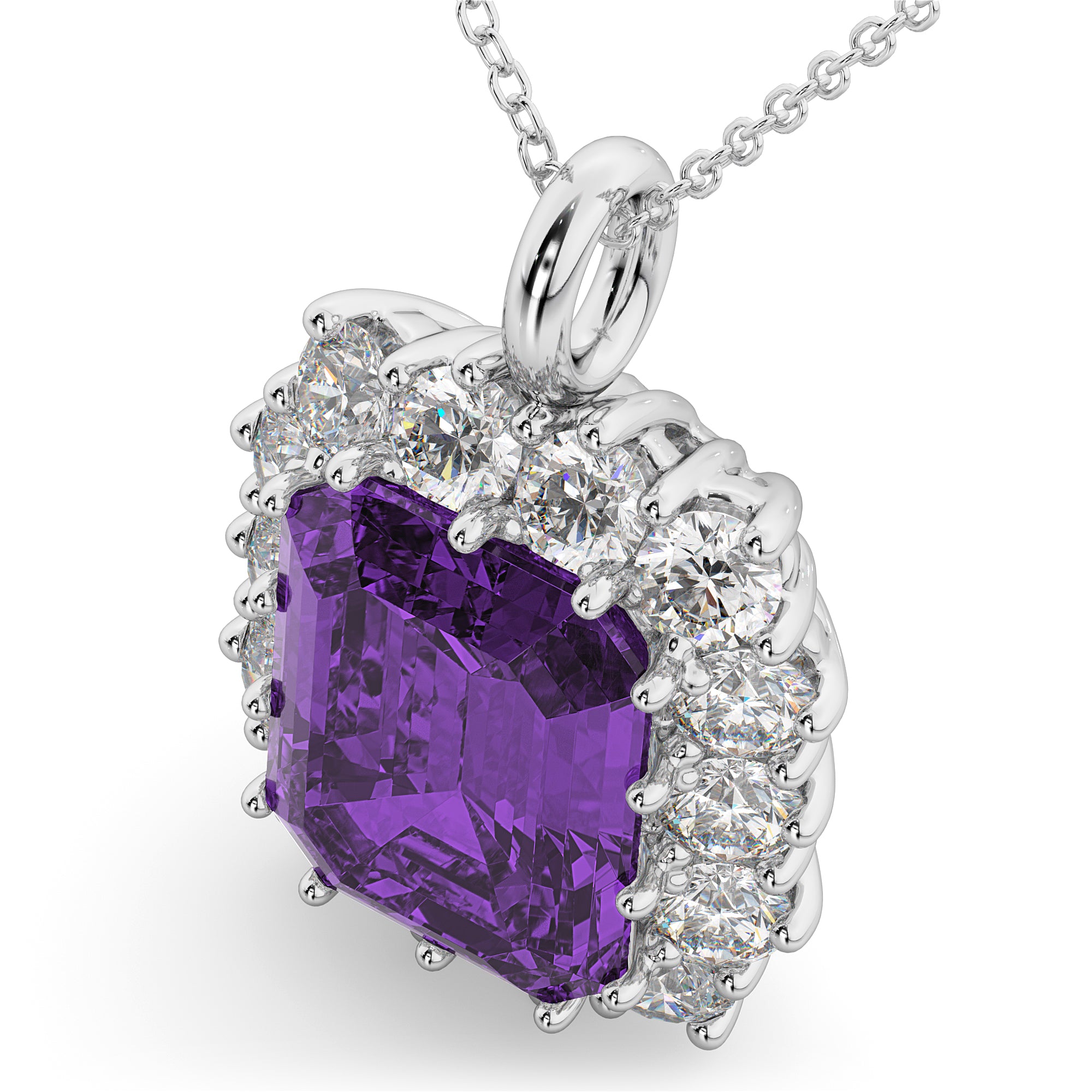Diamond & Emerald Cut Amethyst Necklace in 14k White Gold (5.68ct) Top View