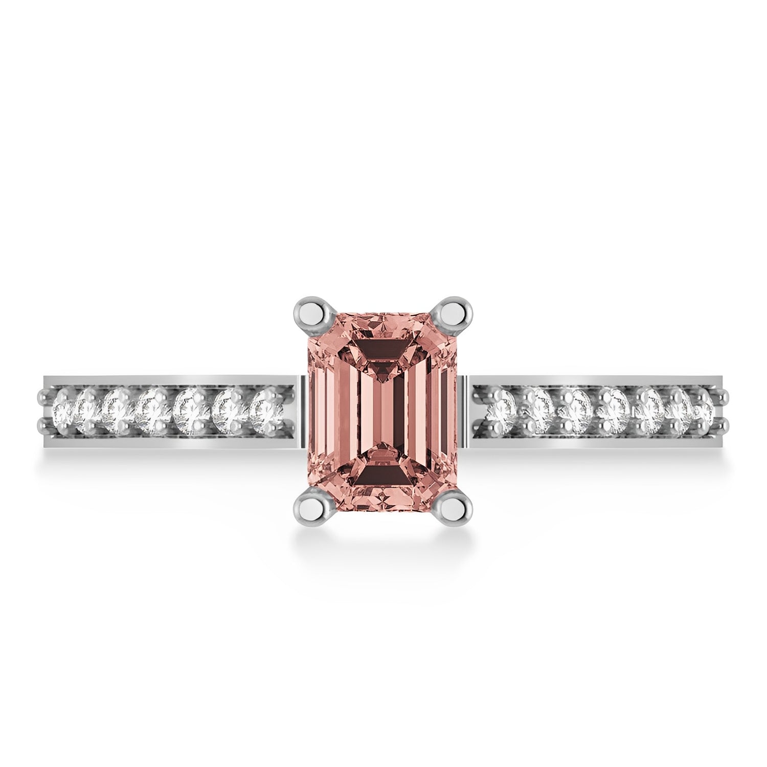 Diamond & Emerald Cut Morganite Ring in 14k White Gold (1.09ct) Flat View