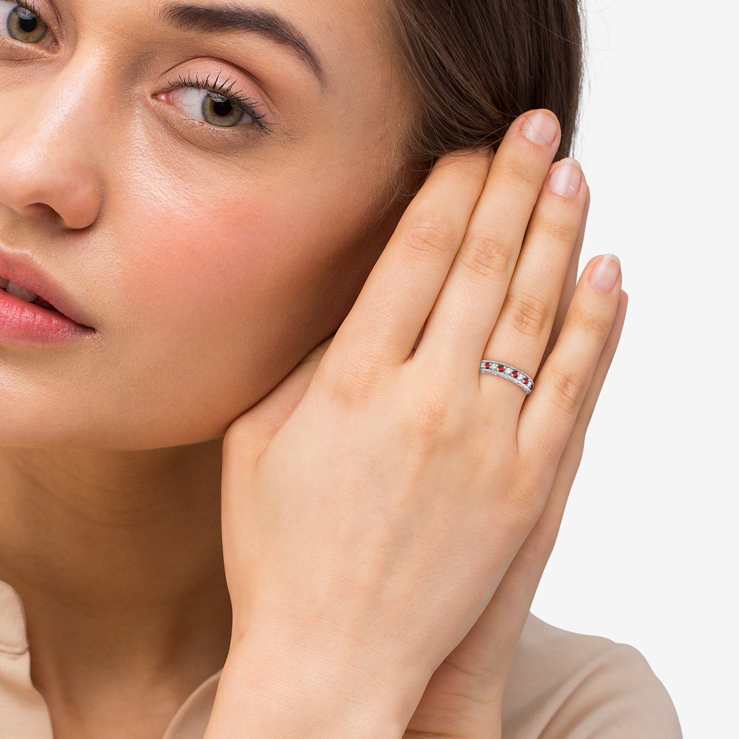 Diamond & Garnet Anniversary Ring in 14k White Gold (0.59ct) on Woman