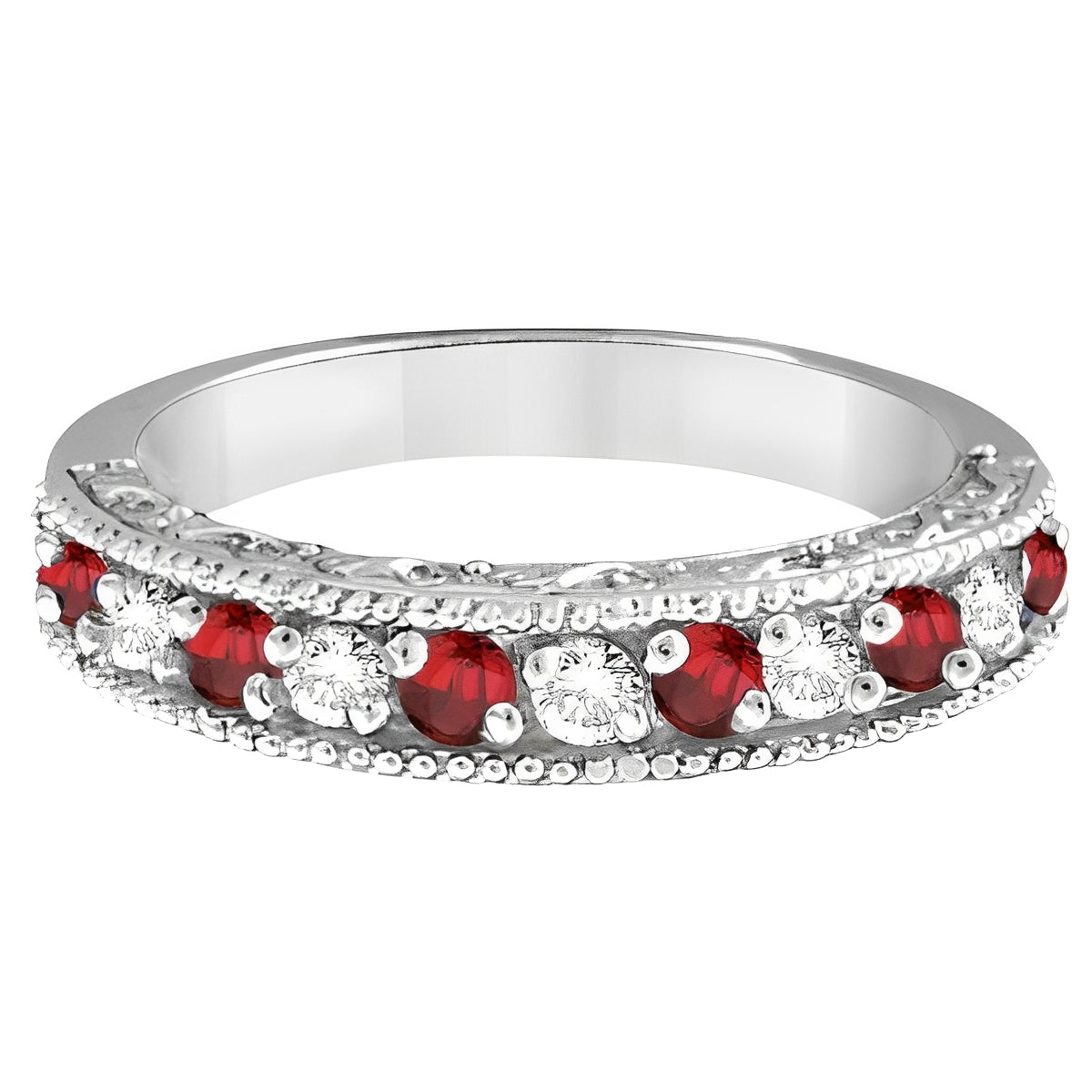 Diamond & Garnet Anniversary Ring in 14k White Gold (0.59ct) Flat View